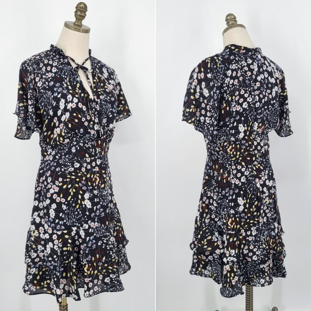 Parker Floral  Mini Dress Ruffle Fit and Flare Black Medium
